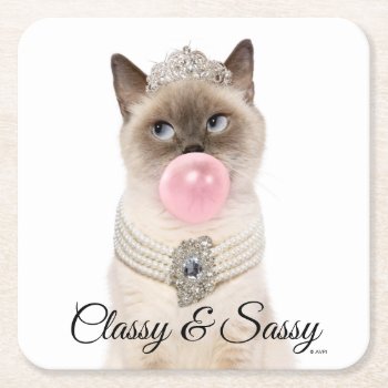 Princess Cat Blowing Bubble Gum Square Paper Coaster by AvantiPress at Zazzle