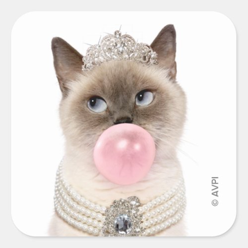 Princess Cat Blowing Bubble Gum Square Sticker