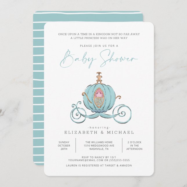 Princess Cinderella Carriage | Girl Baby Shower In Invitation (Front/Back)