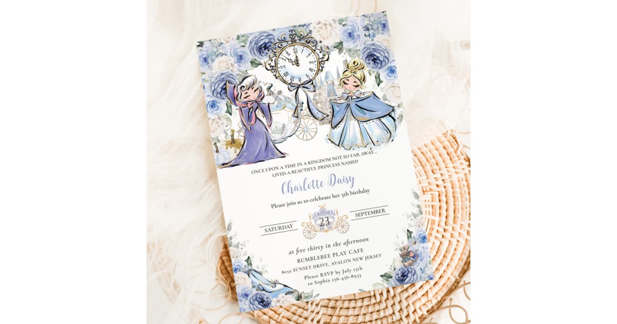 Princess Cinderella Fairytale Blue Floral Birthday Invitation | Zazzle