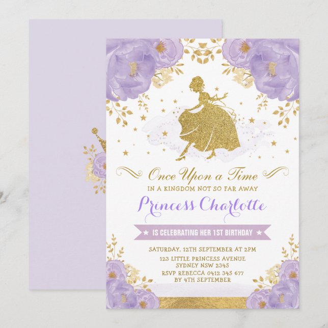 Princess Cinderella Purple Gold Floral Birthday Invitation (Front/Back)