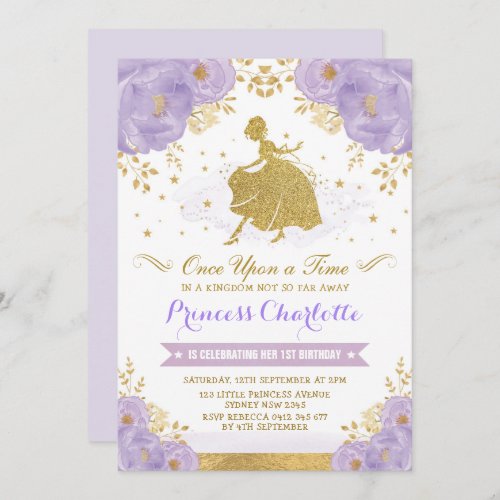 Princess Cinderella Purple Gold Floral Birthday Invitation