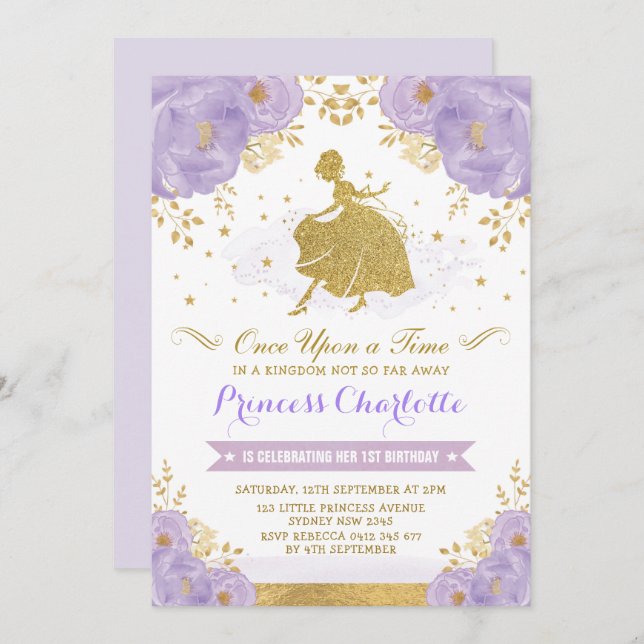 Princess Cinderella Purple Gold Floral Birthday Invitation (Front/Back)
