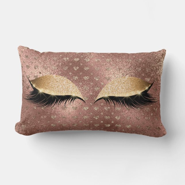 Princess Copper Rose Gold Glitter Lashes Hearts Lumbar Pillow (Front)