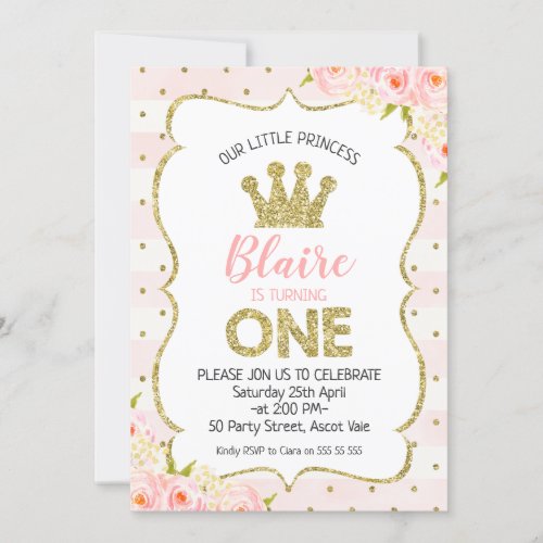 Princess Crown 1st Birthday Invitation