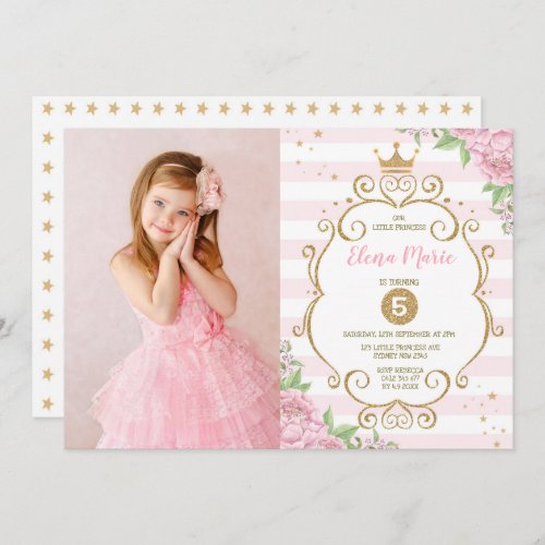 Princess Crown Birthday Pink Gold Floral Party Invitation