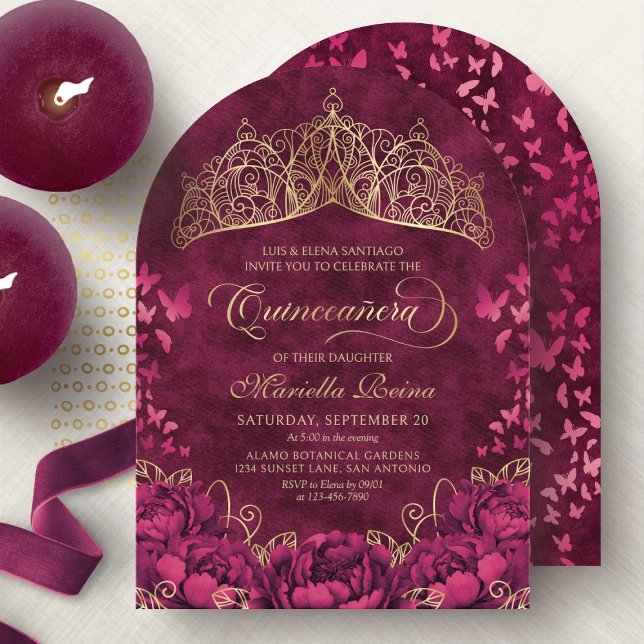 Princess Crown Burgundy Butterflies Quinceanera Invitation (Creator Uploaded)