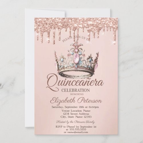 Princess Crown Castle Rose Gold Drips Quinceaera Invitation