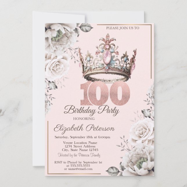 Princess Crown Floral 100th Birthday Party Invitation (Front)