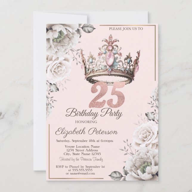 Princess Crown Floral 25th Birthday Party Invitation (Front)