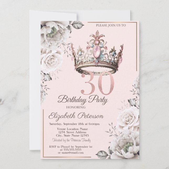 Princess Crown Floral 30th Birthday Party Invitation (Front)