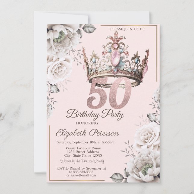 Princess Crown Floral 50th Birthday Party Invitation (Front)