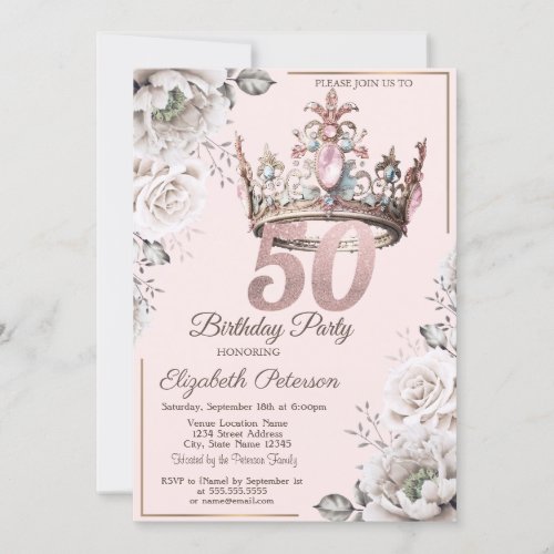 Princess Crown Floral 50th Birthday Party Invitation