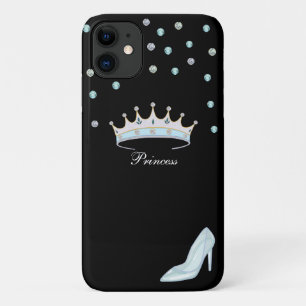 Princess crown, gems & crystal shoe on black iPhone 11 case