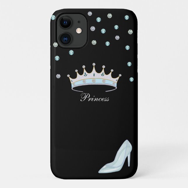Princess crown, gems & crystal shoe on black Case-Mate iPhone case (Back)