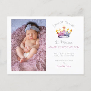 Princess Crown Girl Pink Photo Birth Announcement