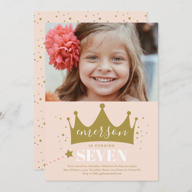 Princess crown girls photo birthday party invitation (Front/Back)