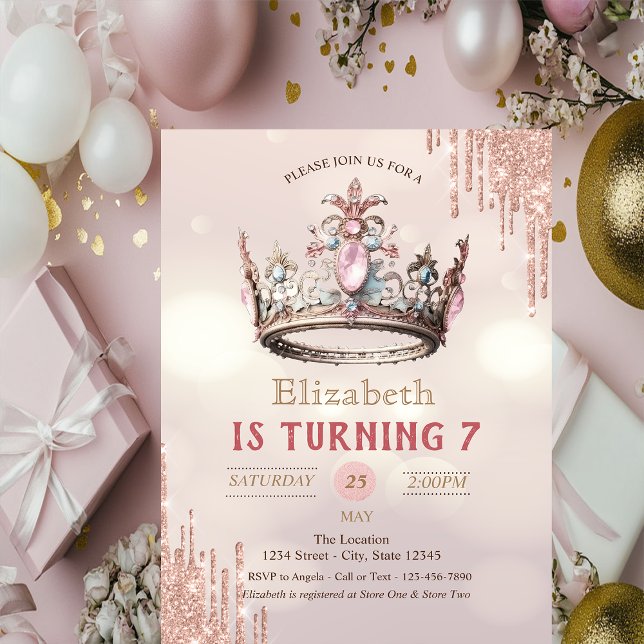Princess Crown Glitter Drips Bokeh Birthday Invitation (Creator Uploaded)