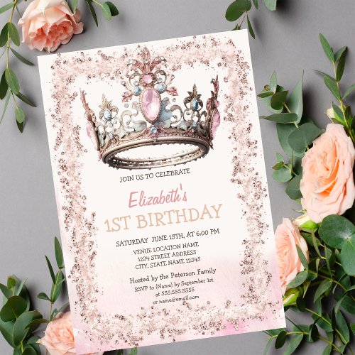 Princess Crown Glitter Frame Birthday   Invitation