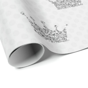 Princess Crown Gray Glitter Silver Dots Shiny VIP Wrapping Paper