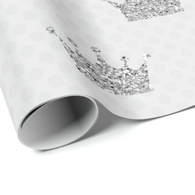 Princess Crown Gray Glitter Silver Dots Shiny VIP Wrapping Paper (Roll Corner)