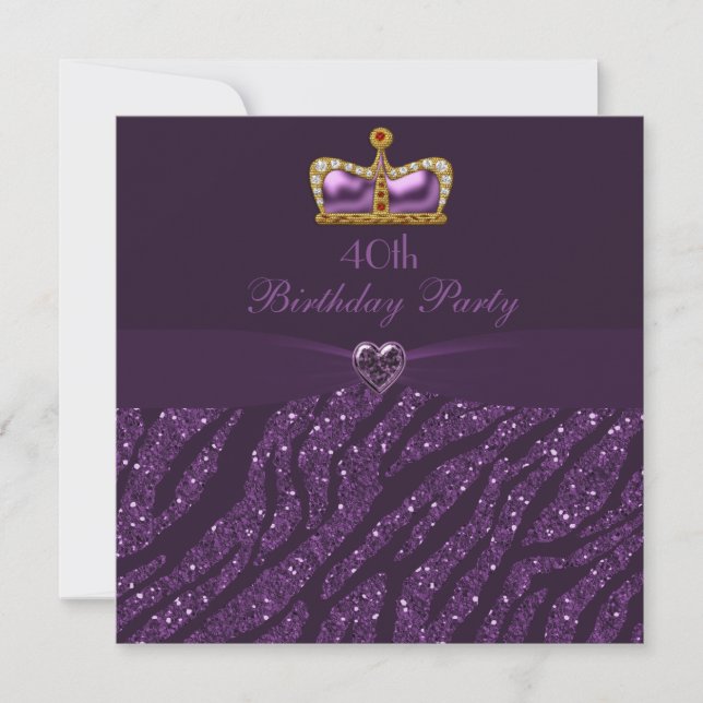 Princess Crown Heart & Zebra Glitter 40th Birthday Invitation (Front)