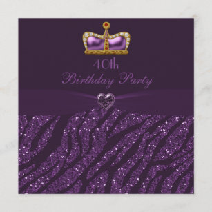 Princess Crown Heart & Zebra Glitter 40th Birthday Invitation