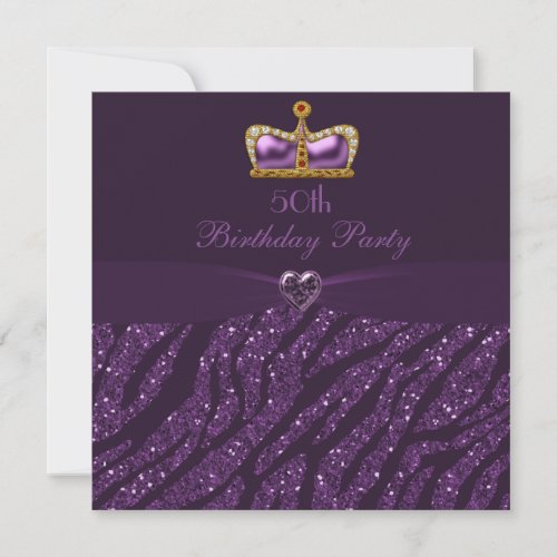 Princess Crown Heart  Zebra Glitter 50th Birthday Invitation