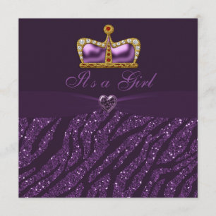Princess Crown, Heart & Zebra Glitter Baby Shower Invitation