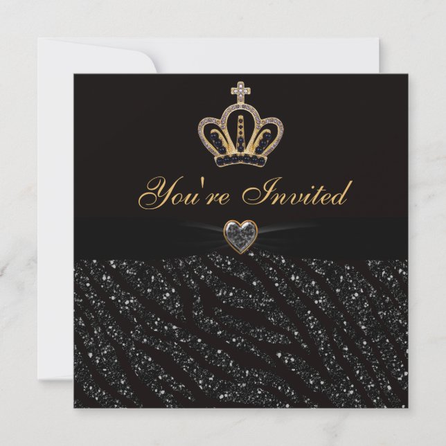 Princess Crown, Heart & Zebra Glitter Birthday Invitation (Front)