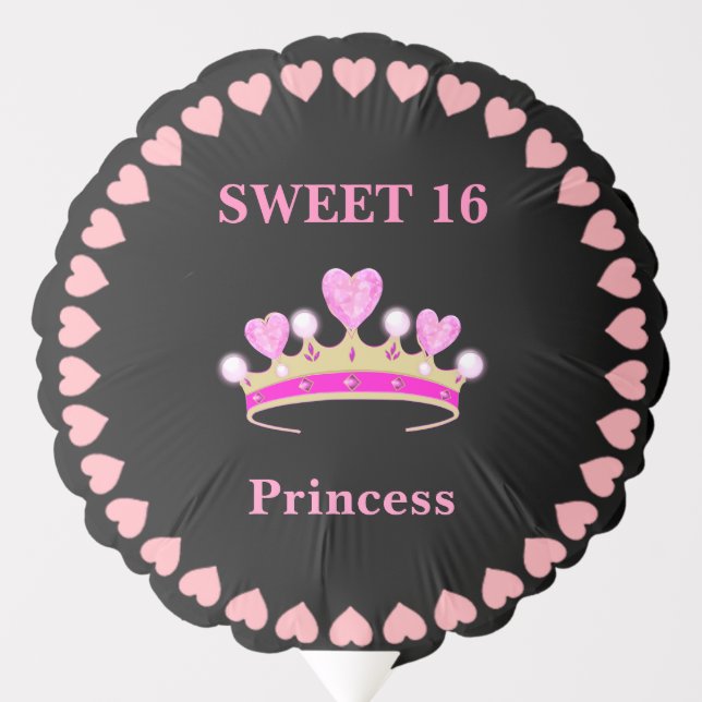 Princess Crown, Hearts on Black Sweet 16 Birthday Balloon (Front)