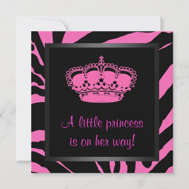 Princess Crown Hot Pink Zebra Baby Girl Shower Invitation (Front)