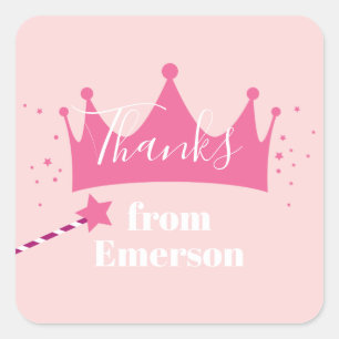 Princess crown kids birthday party thank you square sticker