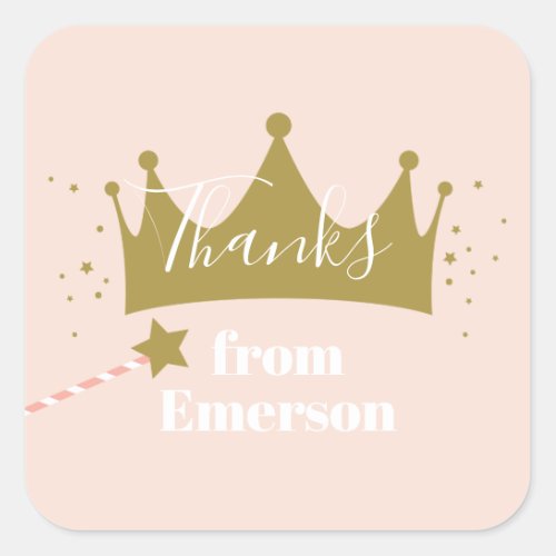 Princess crown kids birthday party thank you square sticker