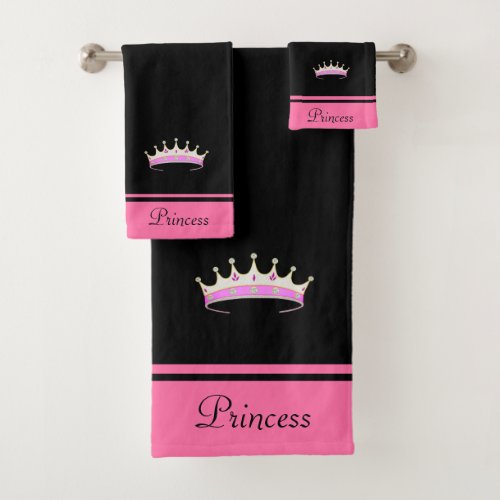 Princess Crown  Name Text on Black  Pink Bath Towel Set
