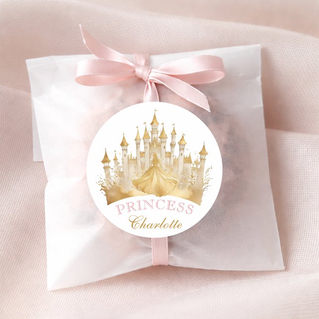 Princess Crown Party Favor Sticker - Pink and Gold (Princess Birthday Favor Sticker)