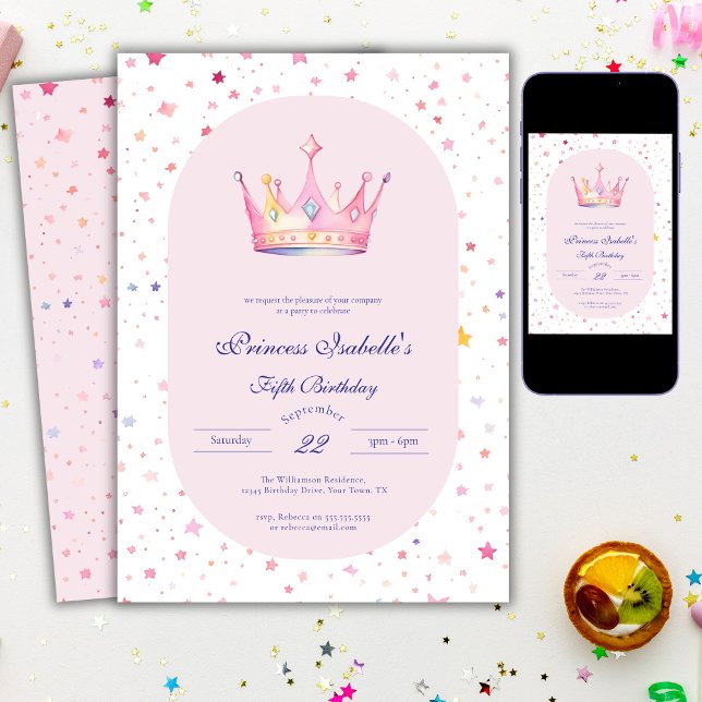 Princess Crown Pastel Pink  Fairytale 5th Birthday Invitation (Creator Uploaded)