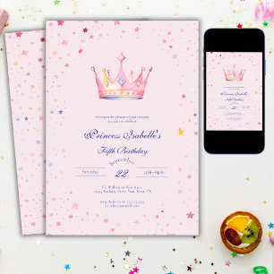 Princess Crown Pastel Pink Fairytale 5th Birthday Invitation