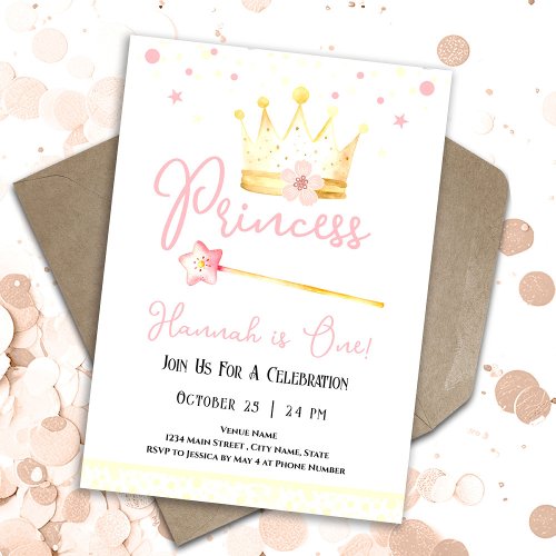 Princess Crown Pink 1st Girl Birthday  Invitation