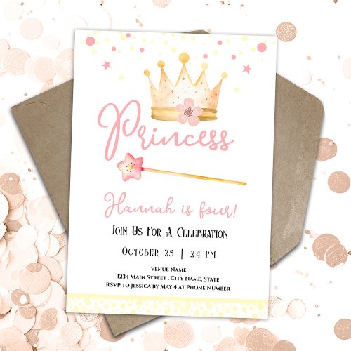Princess Crown Pink 4th Girl Birthday  Invitation