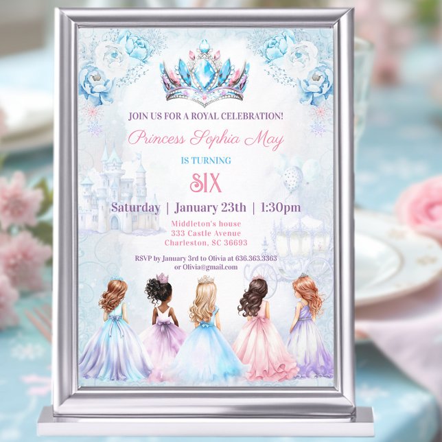 Princess Crown Pink Blue Purple Winter Birthday Invitation (Princess Crown Pink Blue Purple Winter Birthday Invitation)