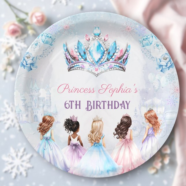 Princess Crown Pink Blue Winter Girl Birthday Paper Plates (Princess Crown Pink Blue Winter Girl Birthday Paper Plates)