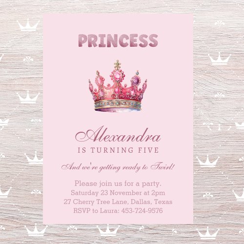 Princess Crown Pink Glitter Fairytale Birthday Invitation