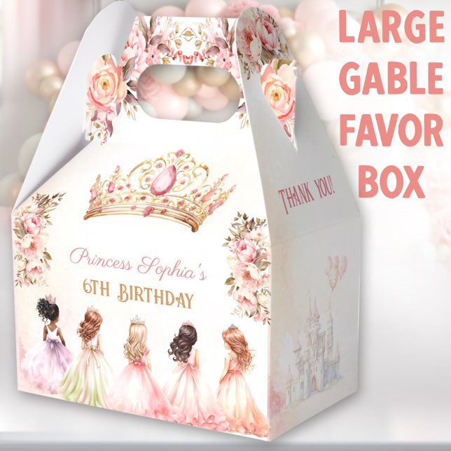 Princess Crown Pink Gold Floral Birthday Large Favor Boxes (Princess large gable favor boxes. You can choose from 3 sizes of these gable favor boxes.)