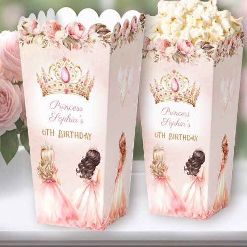 Princess Crown Pink Gold Floral Birthday Popcorn Favor Boxes