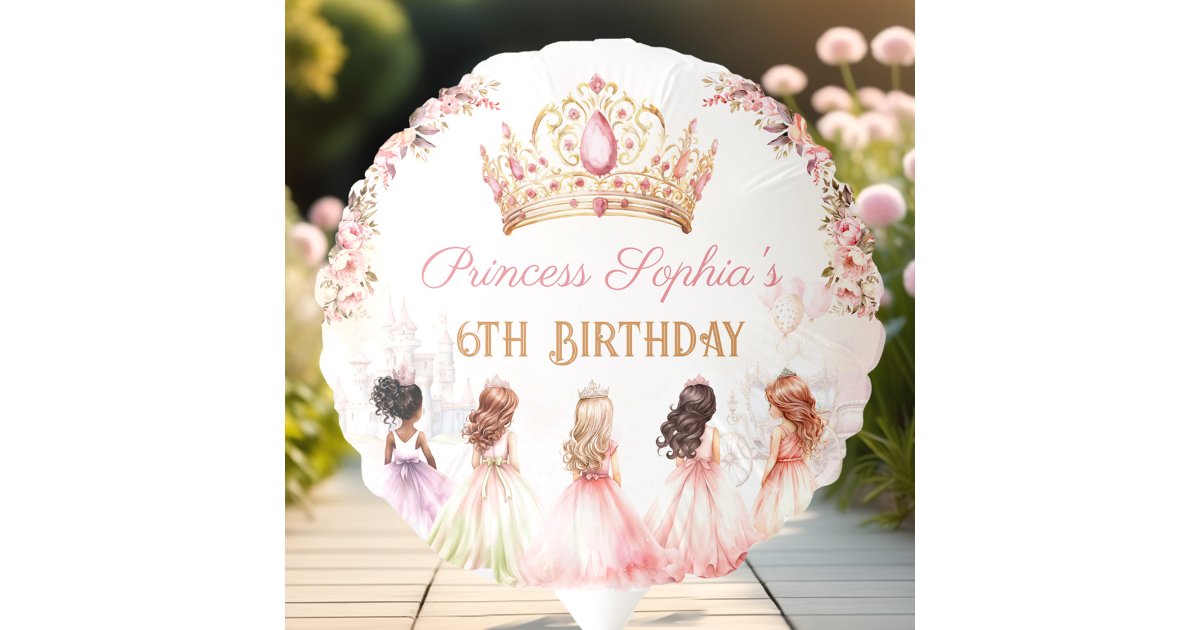 Princess Crown Pink Gold Floral Girl Birthday Balloon | Zazzle