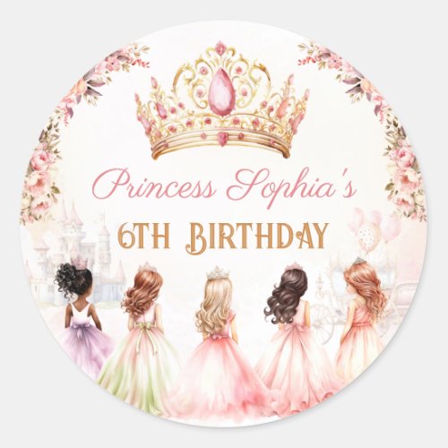 Princess Crown Pink Gold Floral Girl Birthday Classic Round Sticker