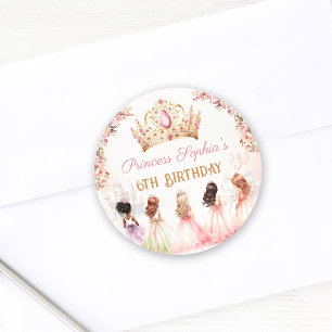 Princess Crown Pink Gold Floral Girl Birthday Classic Round Sticker