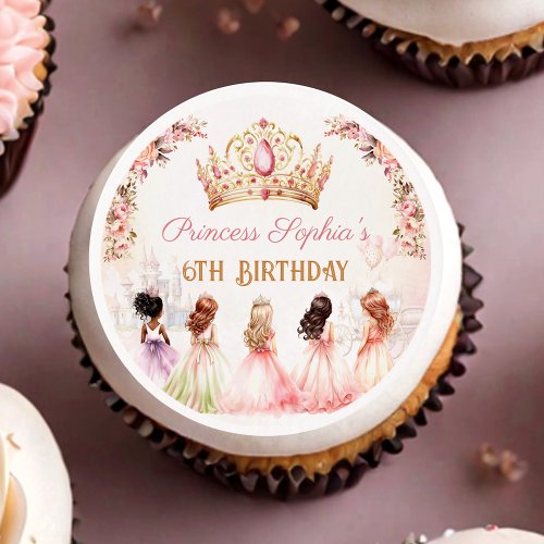 Princess Crown Pink Gold Floral Girl Birthday Edible Frosting Rounds