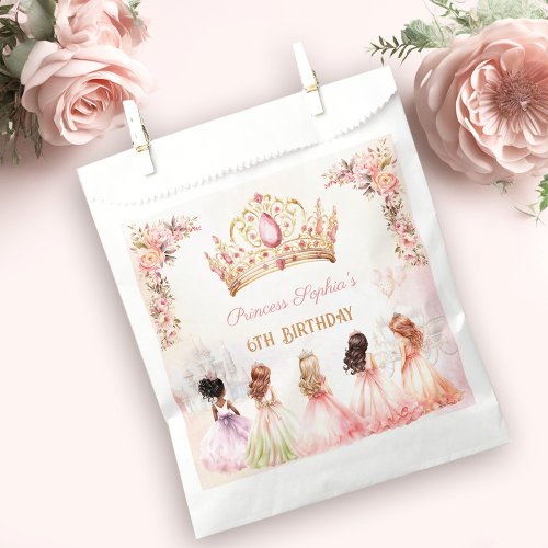 Princess Crown Pink Gold Floral Girl Birthday Favor Bag